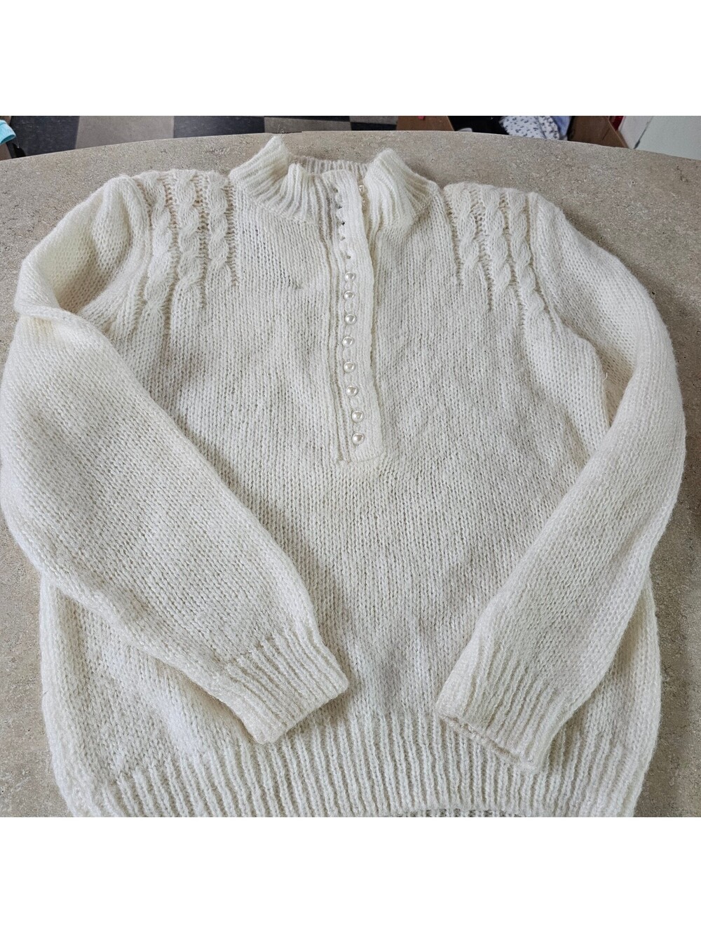 vintage DEB Cream Acrylic Knit Pullover Sweater with Pearl Buttons Medium